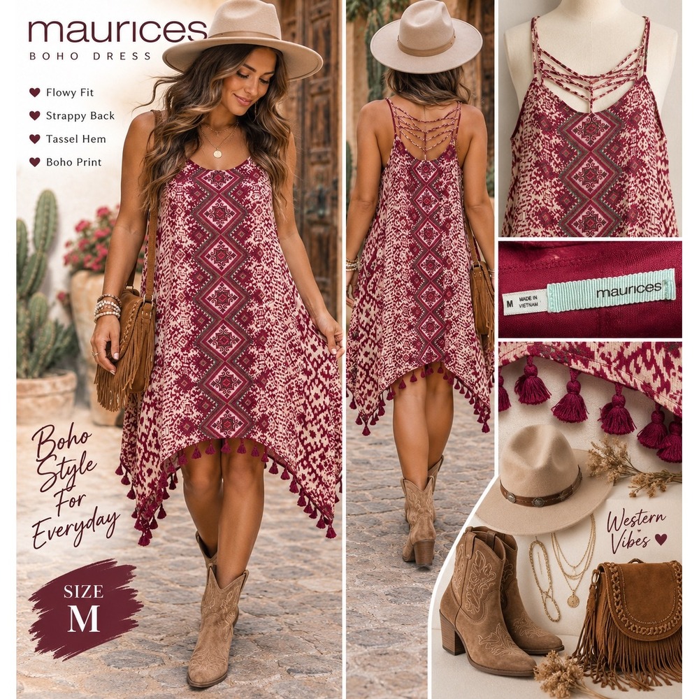 Maurices Women Burgundy Geometric Tribal Print Tassel Handkerchief dress M